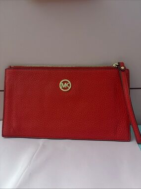 Michael Kors Red Pebbled Leather Wristlet with Gold Hardware. EUC